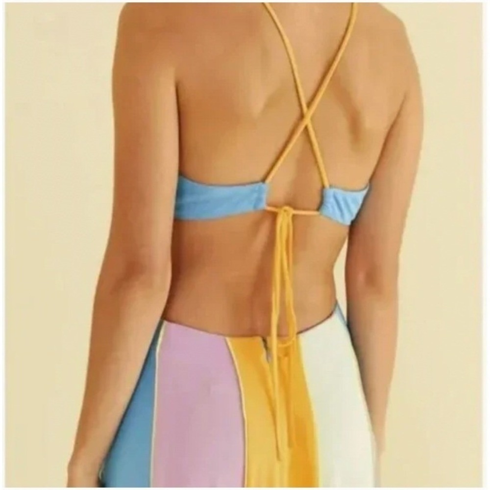 Farm Rio Colorblock Cutout Halter Maxi Dress Multi Color Open Back Boho Summer - Picture 8 of 8